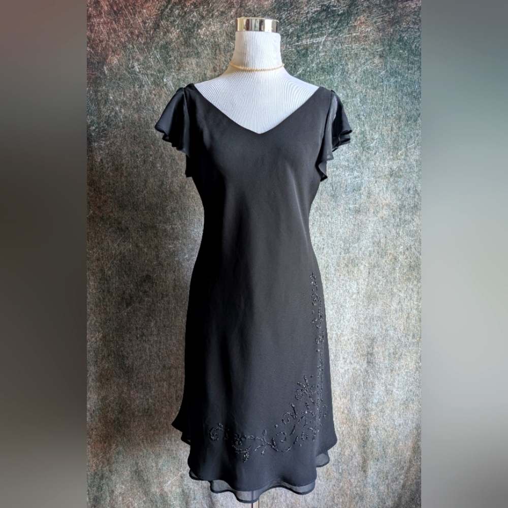 Y2K Beaded Little Black Dress Flutter Sleeve Midi S/M
